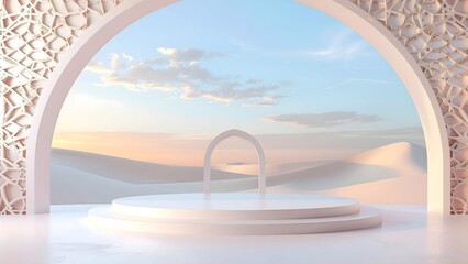 Minimal white Islamic arch platform with soft sky background, ideal for product display during Ramadan and Eid.