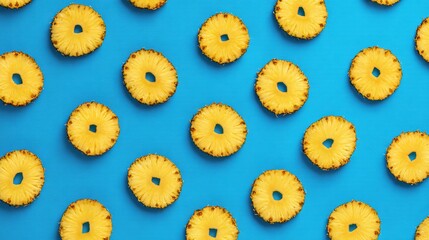 pineapple. A vibrant pattern of fresh pineapple slices arranged on a bright blue background, showcasing tropical appeal. menu design.

