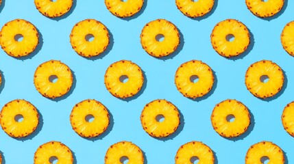 pineapple. A vibrant pattern of fresh pineapple slices arranged on a bright blue background, showcasing tropical appeal. menu design.
