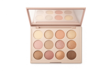 Eyeshadow palette with multiple neutral nude tones, matte and shimmer textures, cosmetic product for beauty makeup, isolated with transparent background