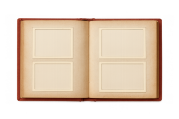 Open old photo album with empty antique pages and picture frames, showing blank space for memories, transparent background