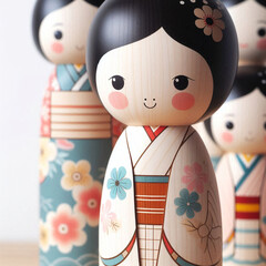 仲良く並んだおかっぱ頭の可愛い木製キャラクターこけし