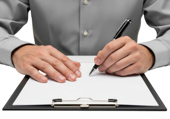 Professional adult male hands in a crisp pinstriped shirt cuff holding a black executive pen over pristine paper on a dark clipboard against a transparent high-key studio background, concept of