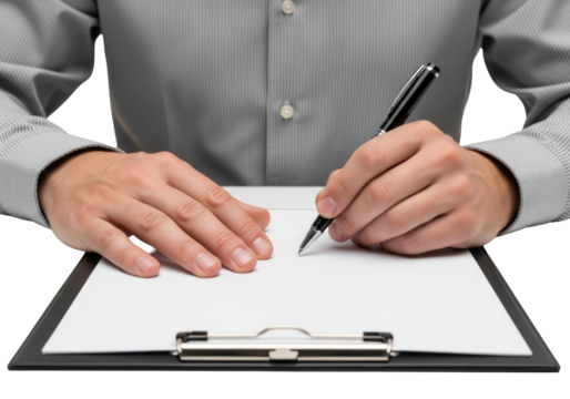 Professional adult male hands in a crisp pinstriped shirt cuff holding a black executive pen over pristine paper on a dark clipboard against a transparent high-key studio background, concept of - Powered by Adobe