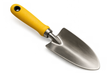 Garden trowel with yellow handle for planting and digging, isolated on transparent background