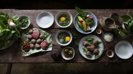 topdown. Colorful Vietnamese food ingredients displayed from above with vibrant herbs and spices. menu design, packaging mockups, designed for food delivery and cloud-kitchen brand materials.
