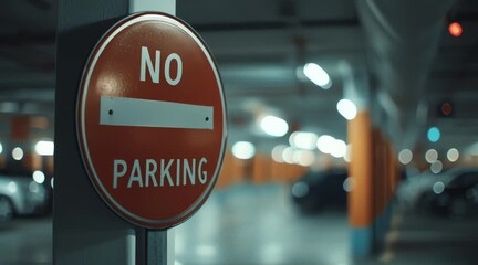 Red and white circular prohibition sign indicating 'no parking' in an indoor parking garage, with cars blurred in the background