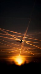 departure. A commercial aircraft silhouetted against a vibrant sunset, motion blur adding dynamic energy. inspiring travel planning, mobility guides, designed for mobility and urban transit guides.
