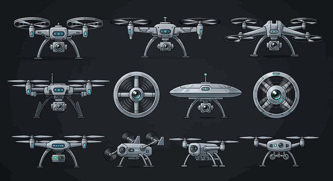 Collection of Various Drone Designs and Views.