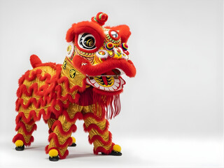 Intricately detailed red and gold Chinese lion dance costume, a symbol of good fortune, displayed against a clean white backdrop.