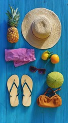 items. Vibrant summer beach accessories arranged on a blue wooden surface in an overhead view. lifestyle magazines, social media lookbooks, designed for influencer and brand collaborations.
