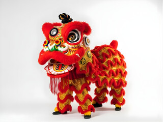 A vibrant red and gold traditional Chinese lion dance costume stands upright on a plain white background.