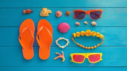 items. Vibrant summer beach accessories arranged on a blue wooden surface in an overhead view. lifestyle magazines, social media lookbooks, designed for influencer and brand collaborations.
