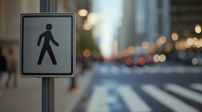 A crisp pedestrian crossing sign stands prominently in the urban environment, emphasizing street safety and city navigation for walkers with a blurred background of city life