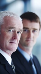 handshake. Two professional businessmen in formal attire, standing confidently in a corporate office setting. pitch deck slides.
