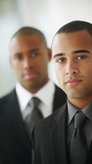 handshake. Two professional businessmen in formal attire, standing confidently in a corporate office setting. pitch deck slides.
