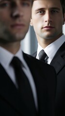 handshake. Two professional businessmen in formal attire, standing confidently in a corporate office setting. pitch deck slides.
