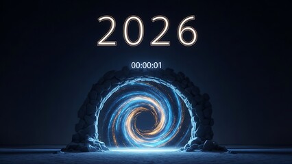 New year 2026 countdown timer on futuristic portal entrance