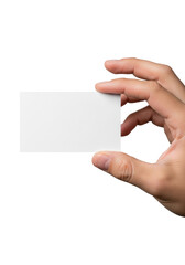 Fototapeta premium close-up of a well-groomed adult male hand holding a blank white business card mockup horizontally against a seamless pale dove gray background, clean minimalist design concept