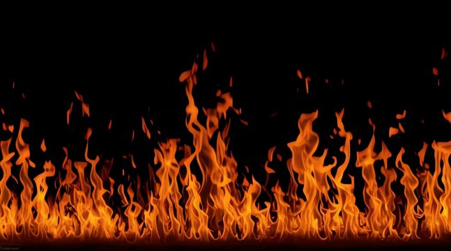 A vibrant, intense line of fiery flames dances against a stark black background, creating a dramatic and powerful visual