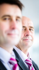 handshake. Two professional businessmen in formal attire, standing confidently in a corporate office setting. pitch deck slides.
