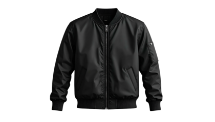 Front view of a sleek, black bomber jacket with ribbed cuffs/hem on a black backdrop
