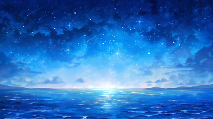 神秘の星空と海が融合する幻想的イラスト｜癒し、ヒーリング、スピリチュアル、静かな夜、空と星、自然との一体感、安心、深い呼吸、幻想風景、自然美、素材用アート
