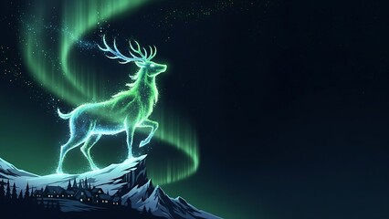 Mystical deer under aurora borealis in snowy landscape