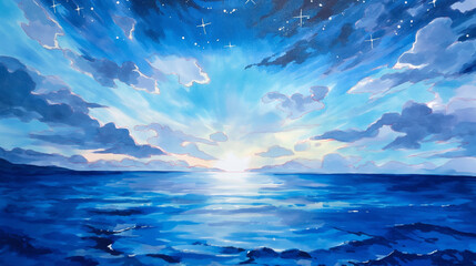 Obraz premium 心を解き放つ夜の海と空のアート｜スピリチュアル、ヒーリング、癒し、幻想空間、精神安定、宇宙、夢、夜明け、空と海、穏やかな時間、自然の美しさ、神秘の星空、素材集