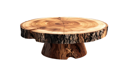 Rustic wooden pedestal, cross-section top, rough bark edge, isolated on black background