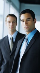 handshake. Two professional businessmen in formal attire, standing confidently in a corporate office setting. pitch deck slides.
