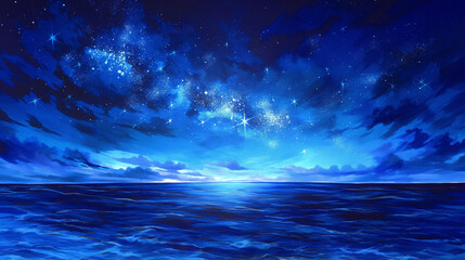 Obraz premium 静かな海と星空が織りなす幻想的な夜明けの風景イラスト｜癒し、ヒーリング、精神安定、自然との調和、リラックス、空、星、海、神秘、静寂、スピリチュアル、眠れる夜、ストック素材