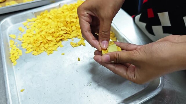 Shaping cornflake cookies with care, creating a delicious and appetizing homemade dessert.