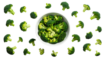 Bowl of broccoli florets surrounded by individual pieces on a black background