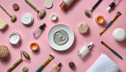 Natural skincare flat lay with cosmetic products and tools on pastel background, clean beauty and wellness routine concept
