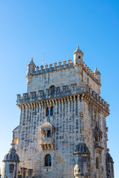 Upper terrace of the 16th-century Belem Tower with its Moorish bartizan turrets and cupolas in Lisbon