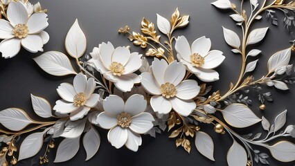 White and gold 3D flowers with metallic leaves on black background