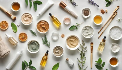 Natural skincare flat lay with organic cosmetic products and botanical ingredients, clean beauty and wellness concept