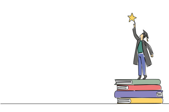 Young graduate man in cap and gown stands on stacked books reaching for a star, symbolizing academic success and dreams, designed for National Higher Education Day in a continuous line drawing