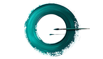 Teal paint swirl forms a circle; brushstrokes extend. Black background, white border