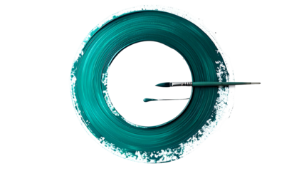 Teal paint swirl forms a circle; brushstrokes extend. Black background, white border