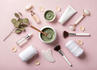 Skincare routine flat lay with natural cosmetic products, jade roller and facial tools on pastel background