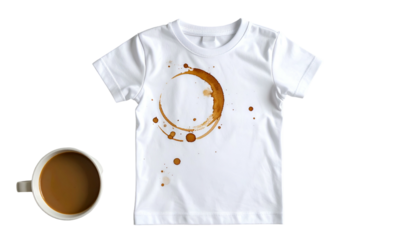 White T-shirt with coffee ring stain and coffee cup on a black background
