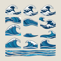 Obraz premium Vector set of sea with waves and ocean elements