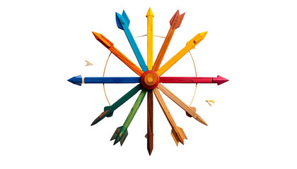 Colorful arrows radiate from a central hub, forming a starburst over a partially visible compass