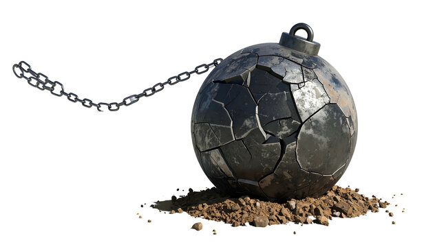 A large, cracked metal ball chained to a chain, resting on a pile of dirt