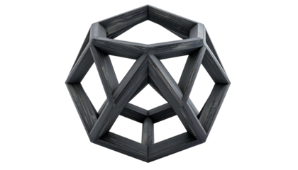 Geometric wooden sculpture of interconnected diamond shapes, dark grey with a black background