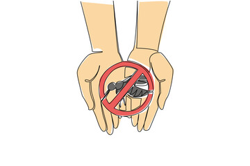 single line drawing of two hands holding a crossed-out mosquito icon, global health protection, disease prevention, and active pest management awareness for World Pest Day, international campaign