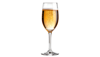 A single elegant glass of bubbly champagne, with tiny bubbles, on a black background