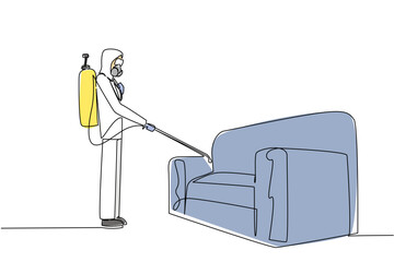 single line drawing of a woman in protective outfit spraying a sofa, emphasizing thorough home pest control, safety standards, and professional female participation during World Pest Day